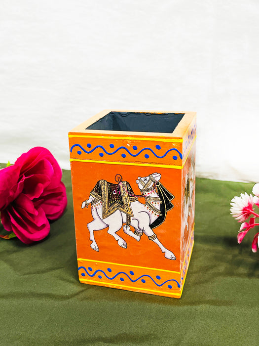Handcrafted Rajasthani Camel Painting Wooden Pen Stand – Orange
