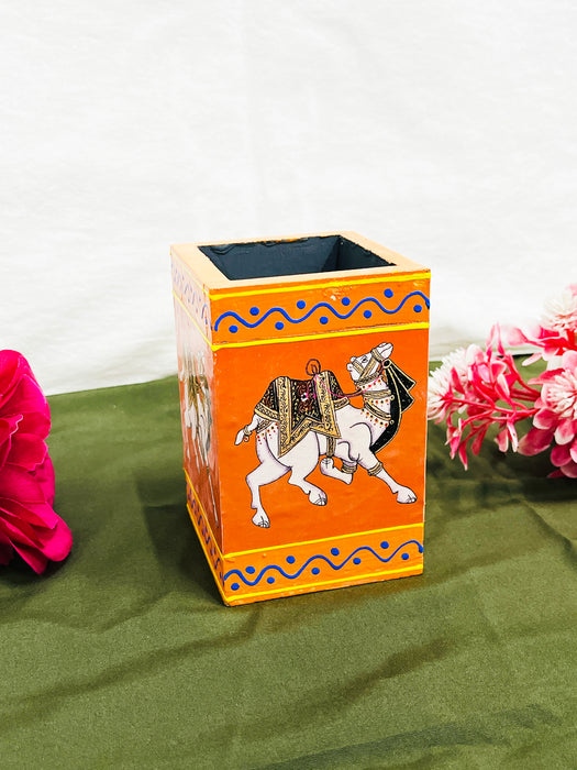 Handcrafted Rajasthani Camel Painting Wooden Pen Stand – Orange