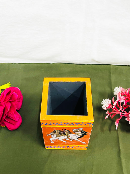 Handcrafted Rajasthani Camel Painting Wooden Pen Stand – Orange