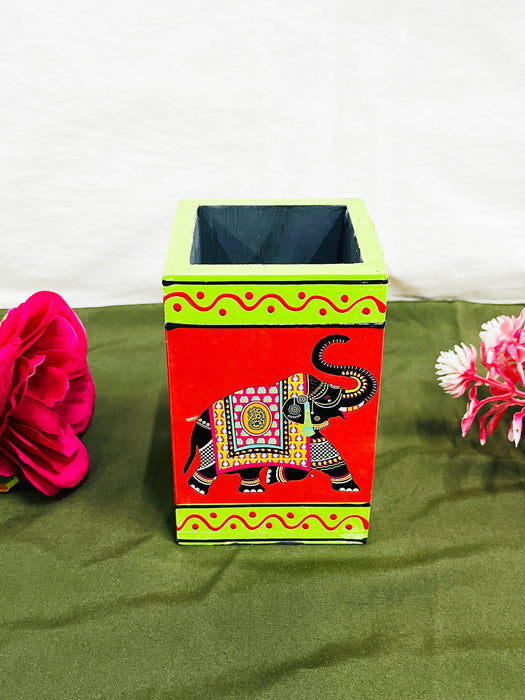 Handcrafted Rajasthani Elephant Painting Wooden Pen Stand – Red & Green