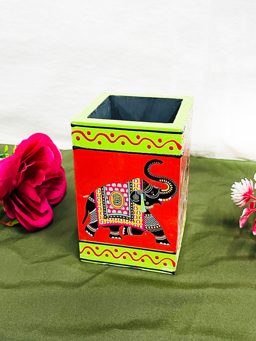 Handcrafted Rajasthani Elephant Painting Wooden Pen Stand – Red & Green