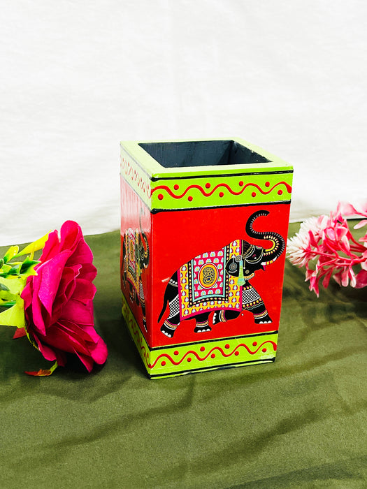Handcrafted Rajasthani Elephant Painting Wooden Pen Stand – Red & Green