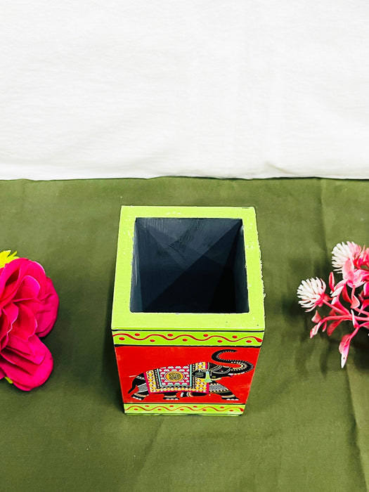 Handcrafted Rajasthani Elephant Painting Wooden Pen Stand – Red & Green