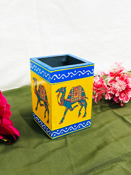 Handcrafted Rajasthani Camel Painting Wooden Pen Stand – Yellow