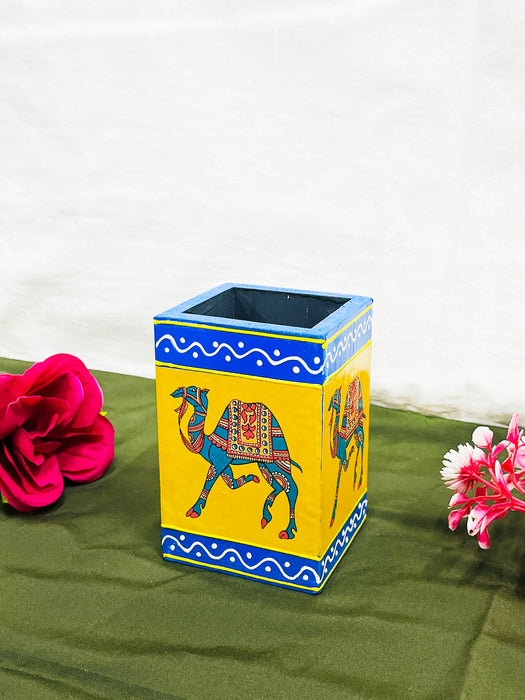 Handcrafted Rajasthani Camel Painting Wooden Pen Stand – Yellow
