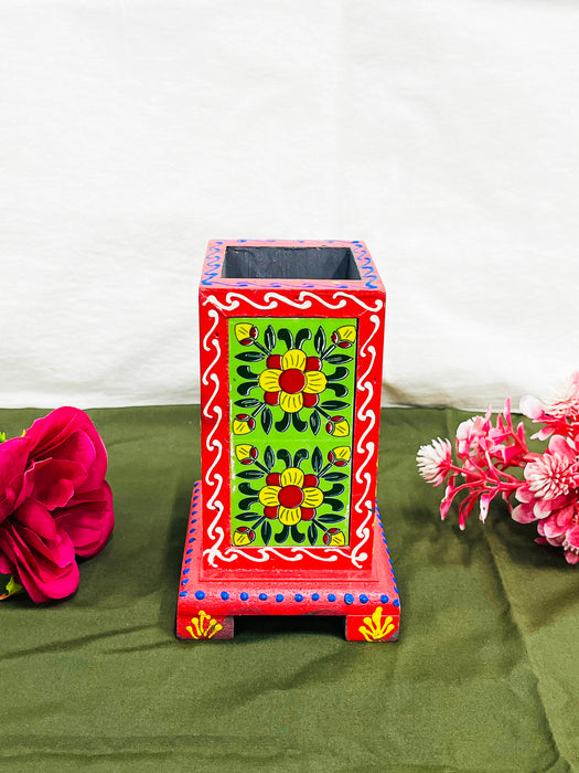 Hand-Painted Wooden Pen Stand with Rajasthani Elephant Art – Red