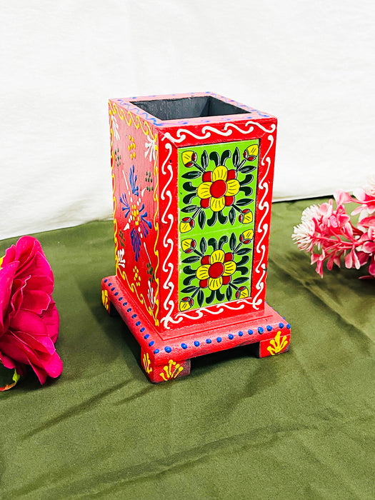 Hand-Painted Wooden Pen Stand with Rajasthani Elephant Art – Red