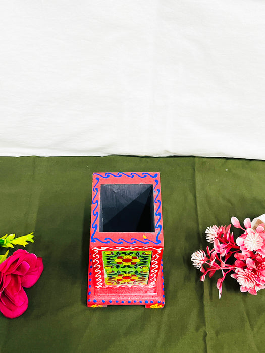 Hand-Painted Wooden Pen Stand with Rajasthani Elephant Art – Red