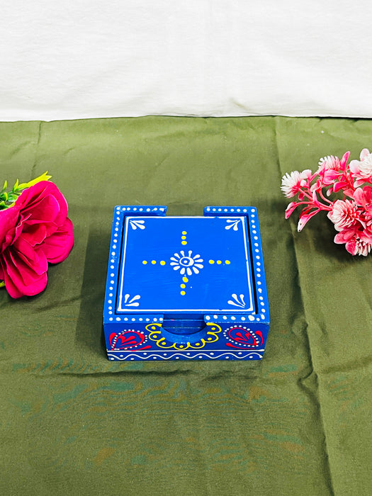 Hand-Painted Blue Ceramic Coaster Set with Artistic Design