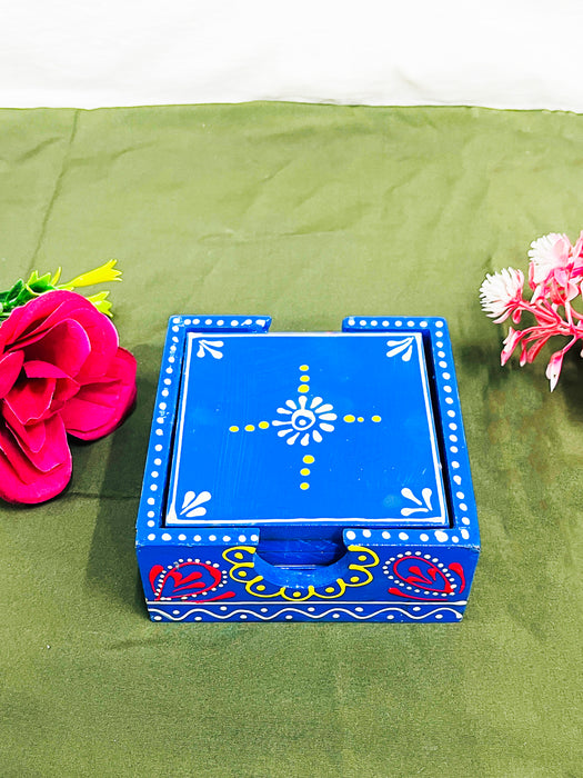 Hand-Painted Blue Ceramic Coaster Set with Artistic Design