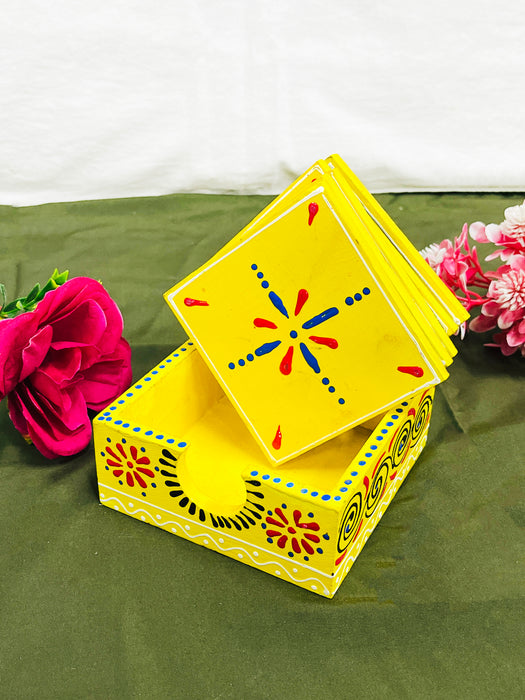 Hand-Painted Yellow Ceramic Coaster Set with Artistic Design