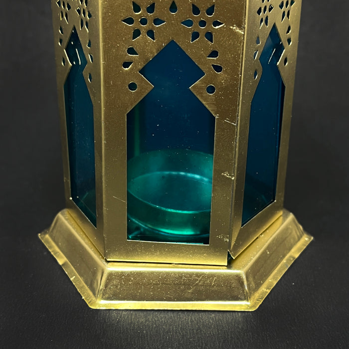 Antique Brass Moroccan Lantern – Handcrafted Metal Candle Holder with Blue Glass Panels