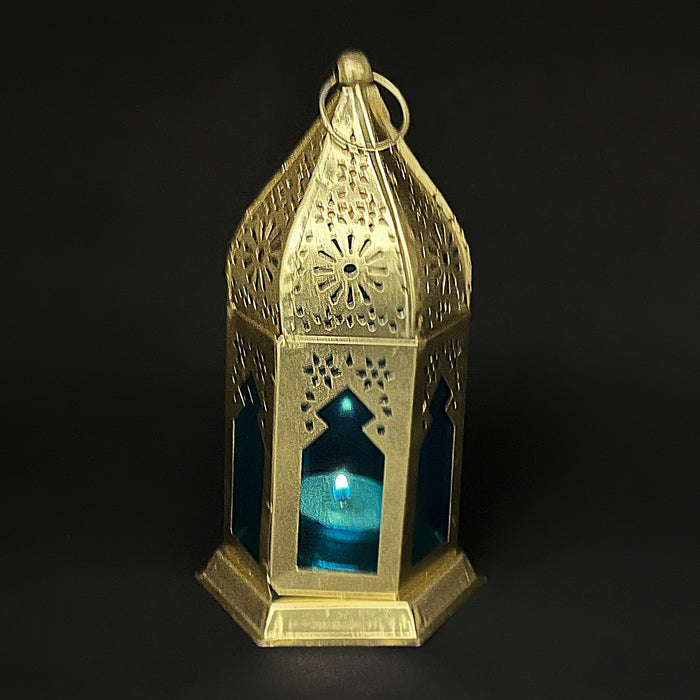 Antique Brass Moroccan Lantern – Handcrafted Metal Candle Holder with Blue Glass Panels