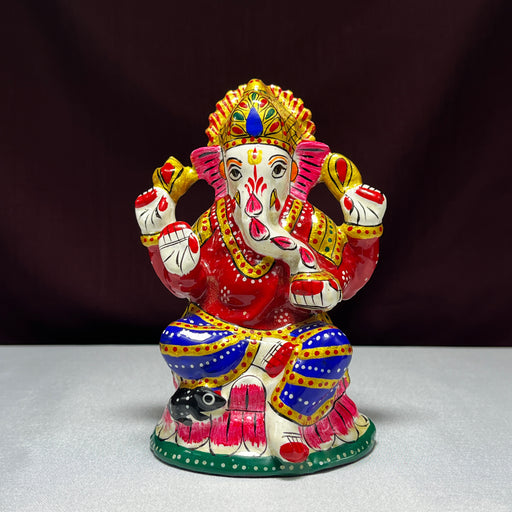 Handcrafted Meenakari Mukut Ganesha Metal Statue