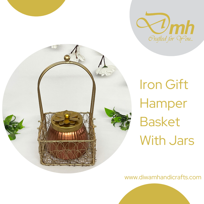 Metal Gift Basket With Copper Or Gold Polish Dry Fruit Jar