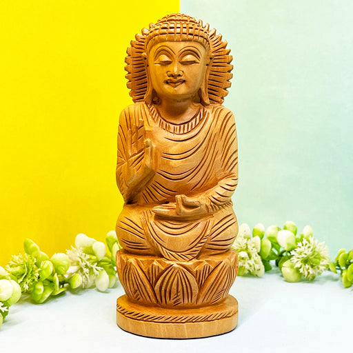 Wooden Lord Buddha Statue Sitting On Lotus Blessing Posture