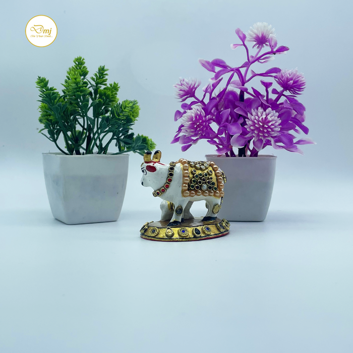 Premium Handcrafted Stone Metal Cow with Calf on Golden Stand | Buy Now