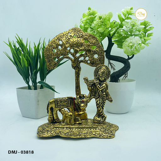Premium Metal Cow & Krishna under Kadamb Tree Home Decor Art | Buy Now