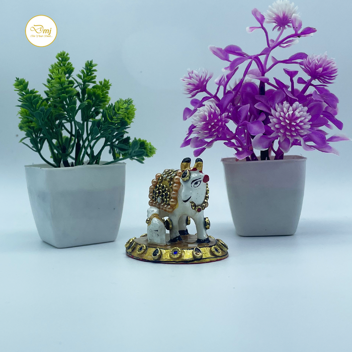 Premium Handcrafted Stone Metal Cow with Calf on Golden Stand | Buy Now