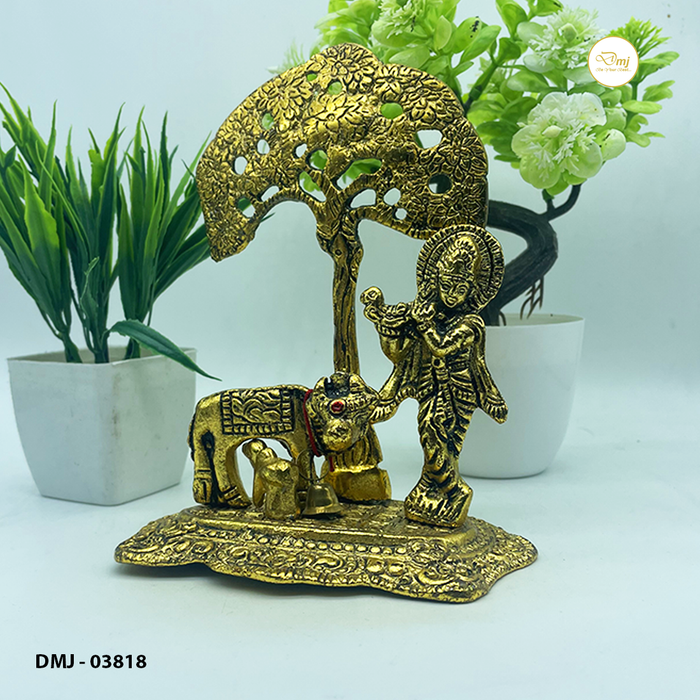 Premium Metal Cow & Krishna under Kadamb Tree Home Decor Art | Buy Now