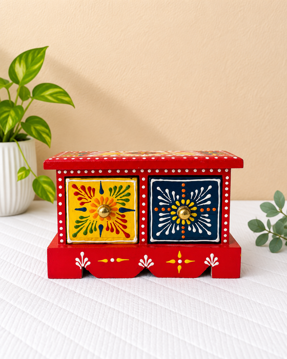 Handcrafted Wooden 2-Drawer Storage Box, Hand Painted Indian Traditional Floral Decor