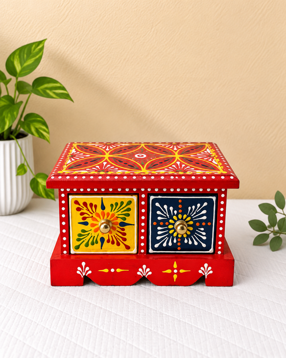 Handcrafted Wooden 2-Drawer Storage Box, Hand Painted Indian Traditional Floral Decor