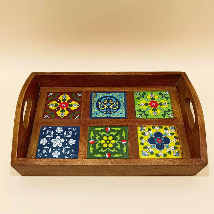 Blue Pottery Wooden Serving Tray: Handcrafted Elegance