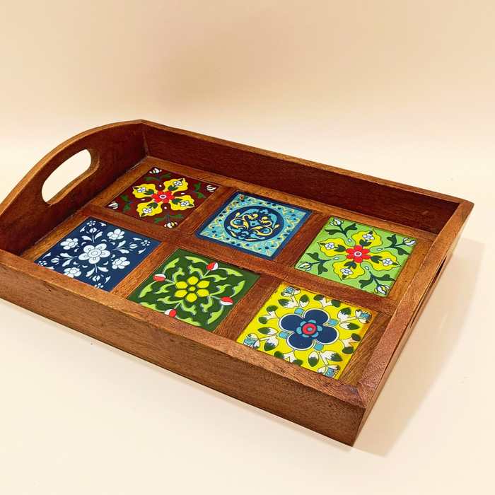 Blue Pottery Wooden Serving Tray: Handcrafted Elegance