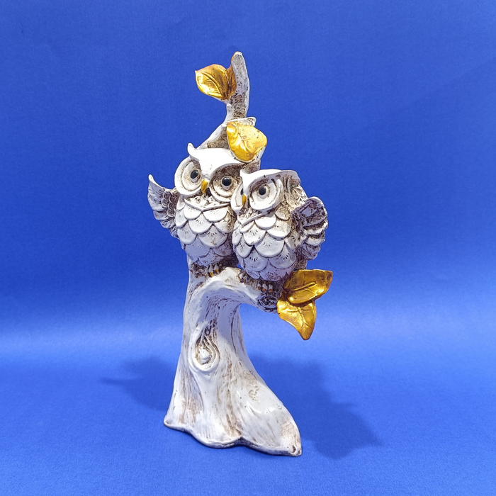 White Resin Owl Pair Sculpture Sitting on a Tree Branch