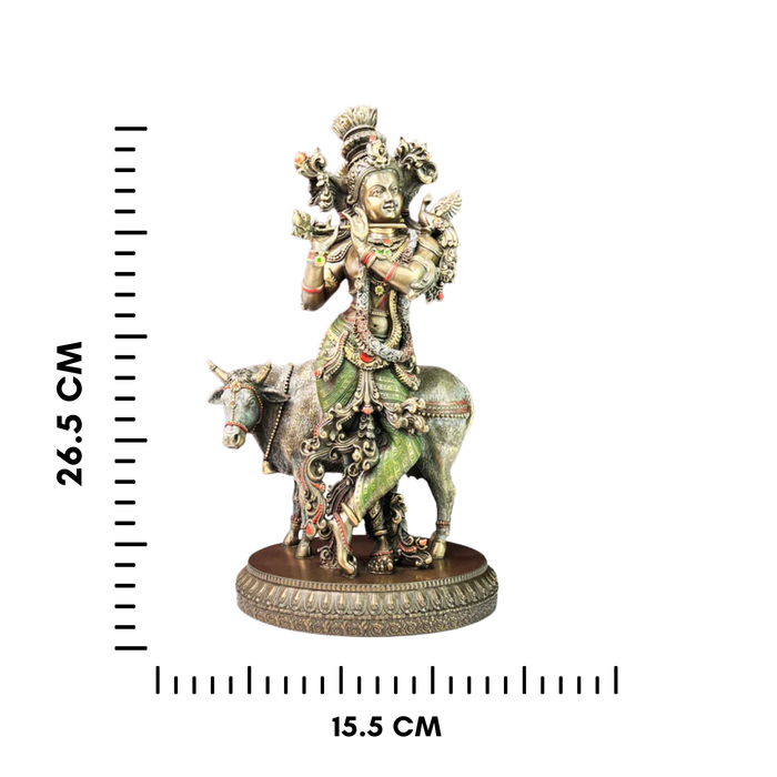 Copper Finish Lord Krishna Playing Flute with Cow Sculpture