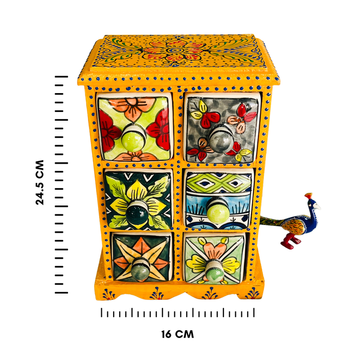 Wooden Handcrafted Jewelry Box with Colorful Ceramic Drawers | Rajasthani Mini Chest Organizer
