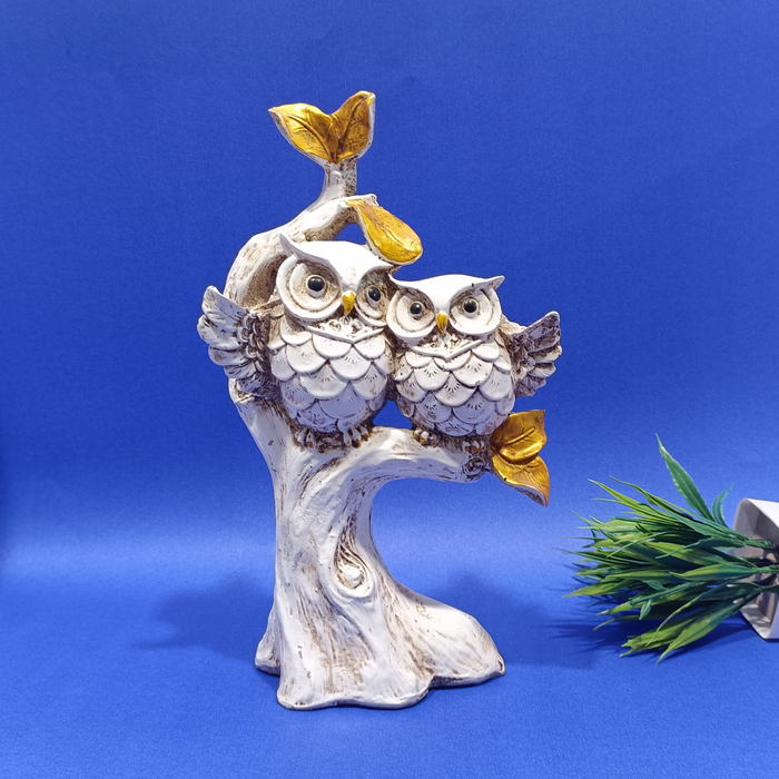 White Resin Owl Pair Sculpture Sitting on a Tree Branch