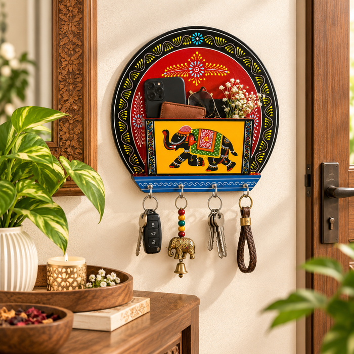 Handcrafted Wooden Elephant Key Holder, Hand Painted Indian Wall Decor