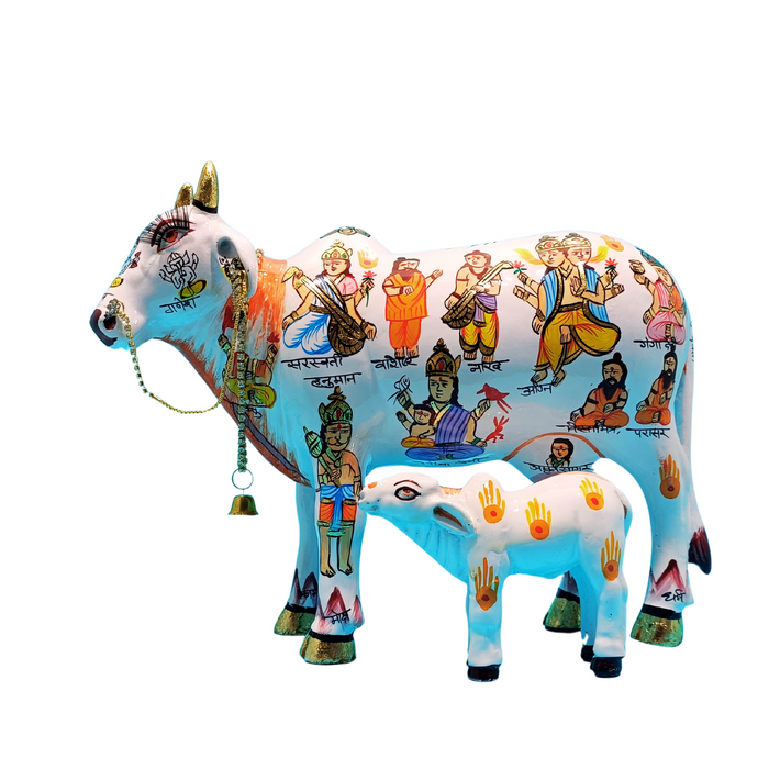 Handcrafted Kamdhenu Cow with Calf Statue | Traditional Sacred Cow Showpiece for Home Décor