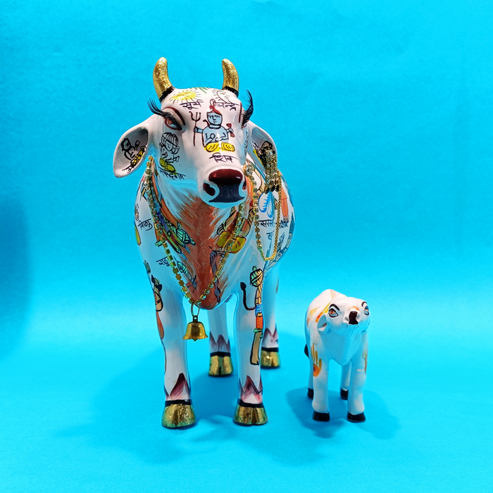 Handcrafted Kamdhenu Cow with Calf Statue | Traditional Sacred Cow Showpiece for Home Décor