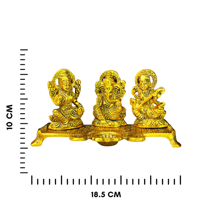 Metal Laxmi Ganesha Saraswati Idols with Diya on Leaf Chowki