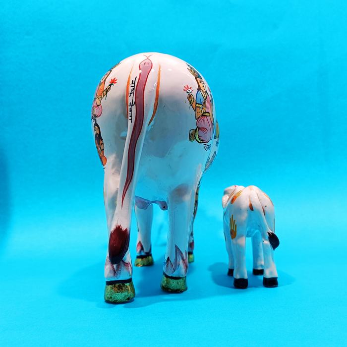 Handcrafted Kamdhenu Cow with Calf Statue | Traditional Sacred Cow Showpiece for Home Décor