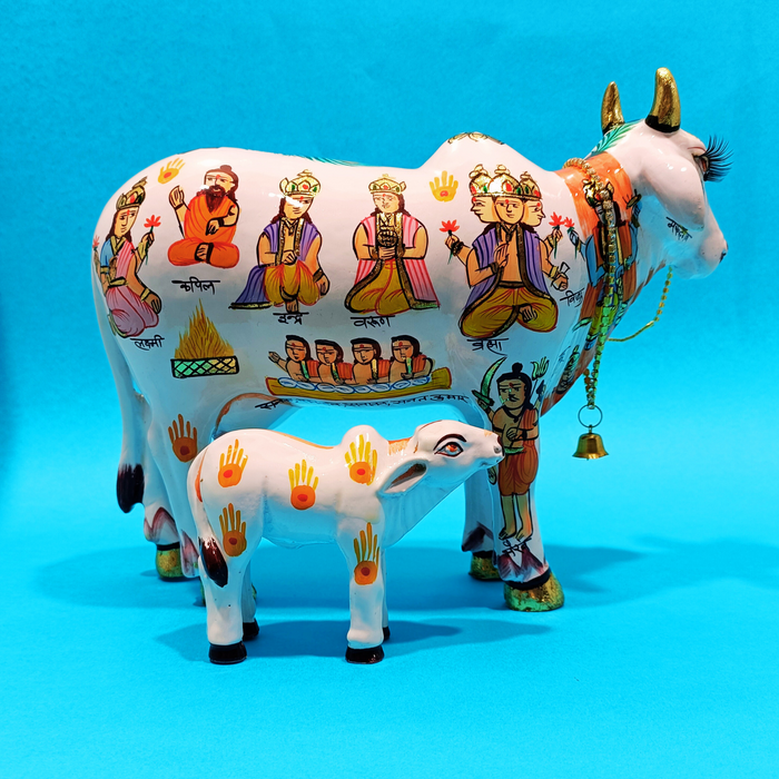 Handcrafted Kamdhenu Cow with Calf Statue | Traditional Sacred Cow Showpiece for Home Décor