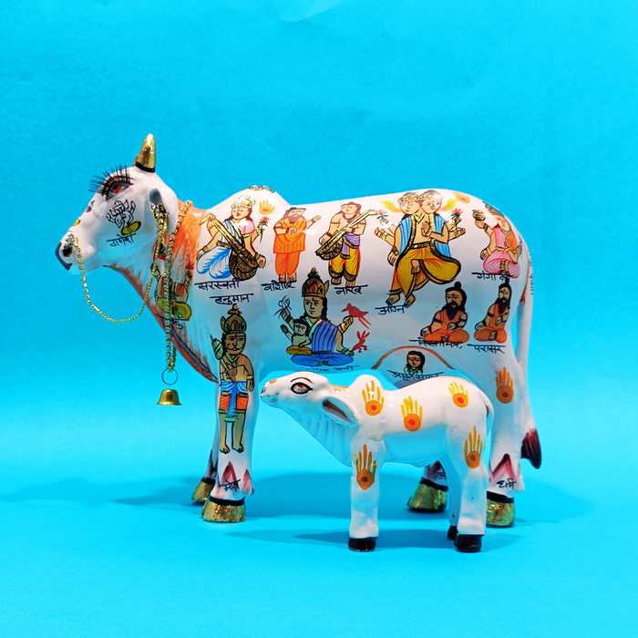 Handcrafted Kamdhenu Cow with Calf Statue | Traditional Sacred Cow Showpiece for Home Décor