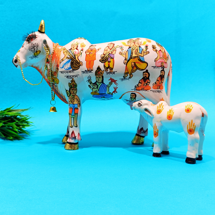 Handcrafted Kamdhenu Cow with Calf Statue | Traditional Sacred Cow Showpiece for Home Décor