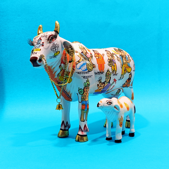 Handcrafted Kamdhenu Cow with Calf Statue | Traditional Sacred Cow Showpiece for Home Décor