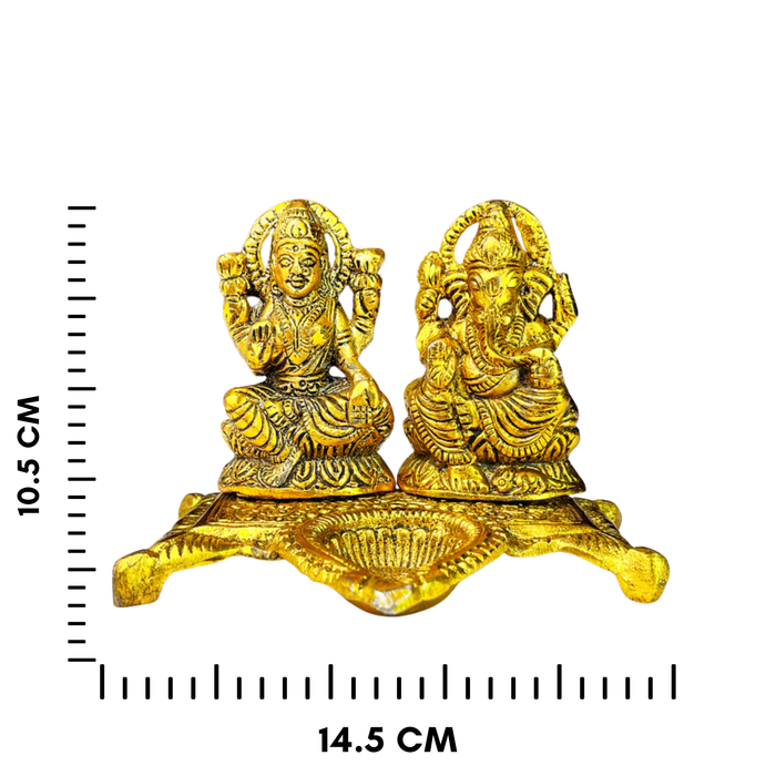 Golden Lakshmi and Ganesha Idol with Diya Stand – Decorative Pooja Mandir