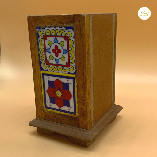 Handcrafted Wooden Pen Stand with Multicolor Ceramic Tiles Accents