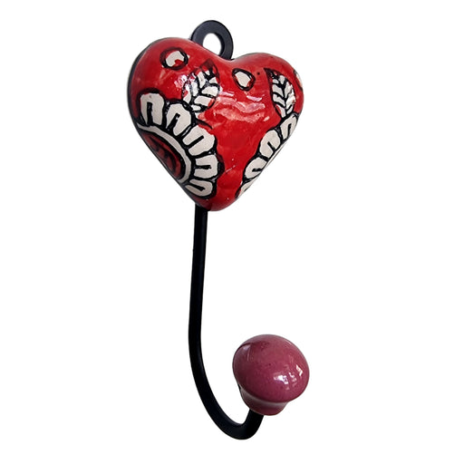 Red Heart Shaped Metal and Ceramic Hook Wall Key Hanger