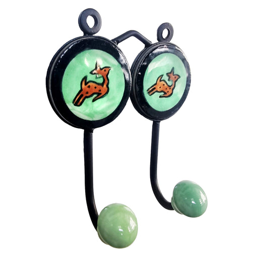 Green Color Iron Hand Painted Ceramic Wall Hanger with Two Hooks