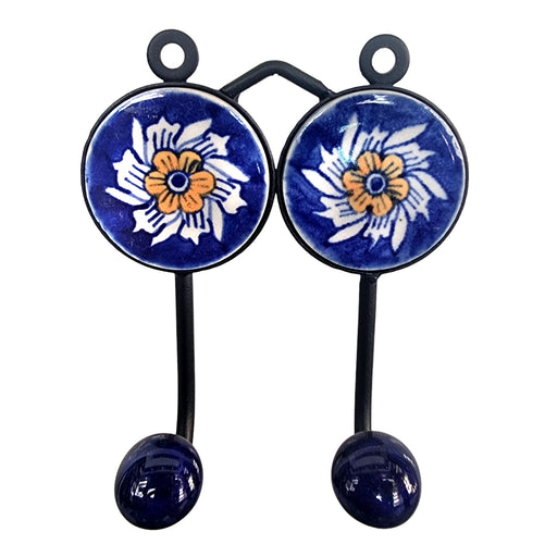 Blue Color Iron Hand Painted Ceramic Wall Hanger with Two Hooks