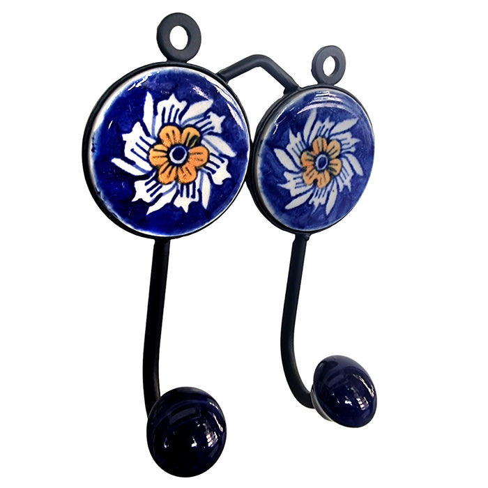 Blue Color Iron Hand Painted Ceramic Wall Hanger with Two Hooks