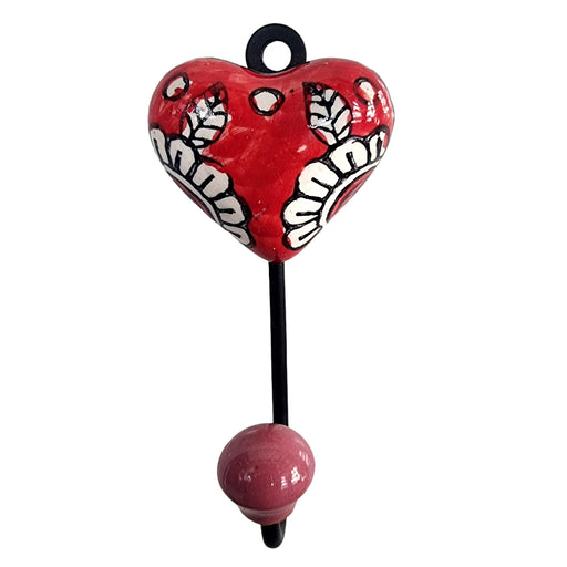 Red Heart Shaped Metal and Ceramic Hook Wall Key Hanger