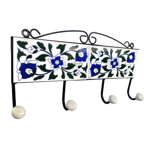 Floral Handpainted Ceramic Tiles 4 Peg Iron Key Hanger