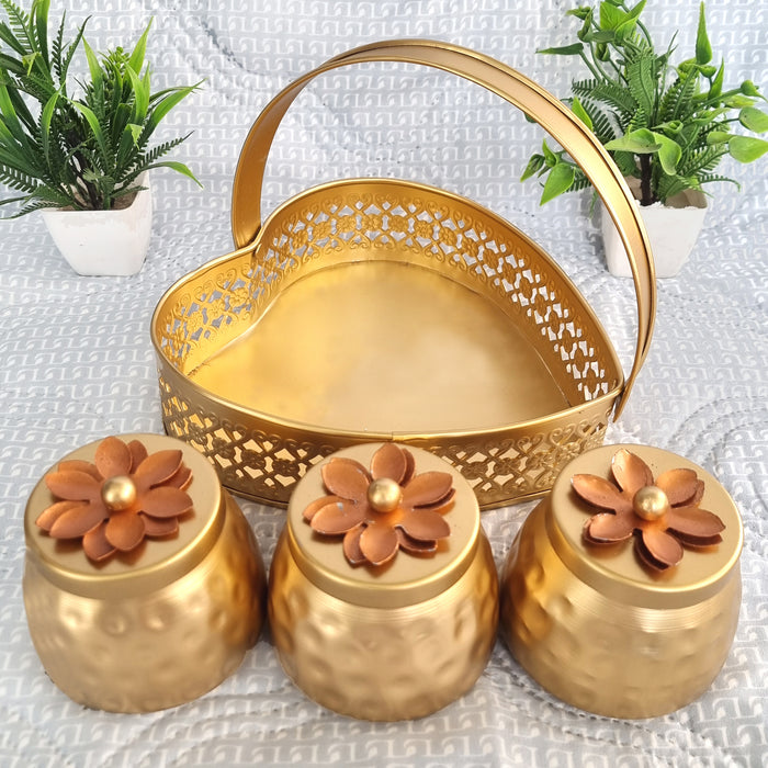 Luxury Metal Canister Set with Decorative Basket | 3-Piece Multipurpose Storage Container